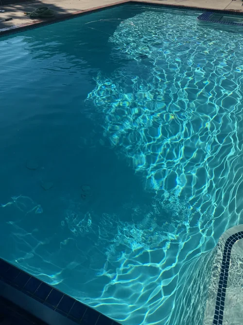 Clear blue backyard pool after routine maintenance