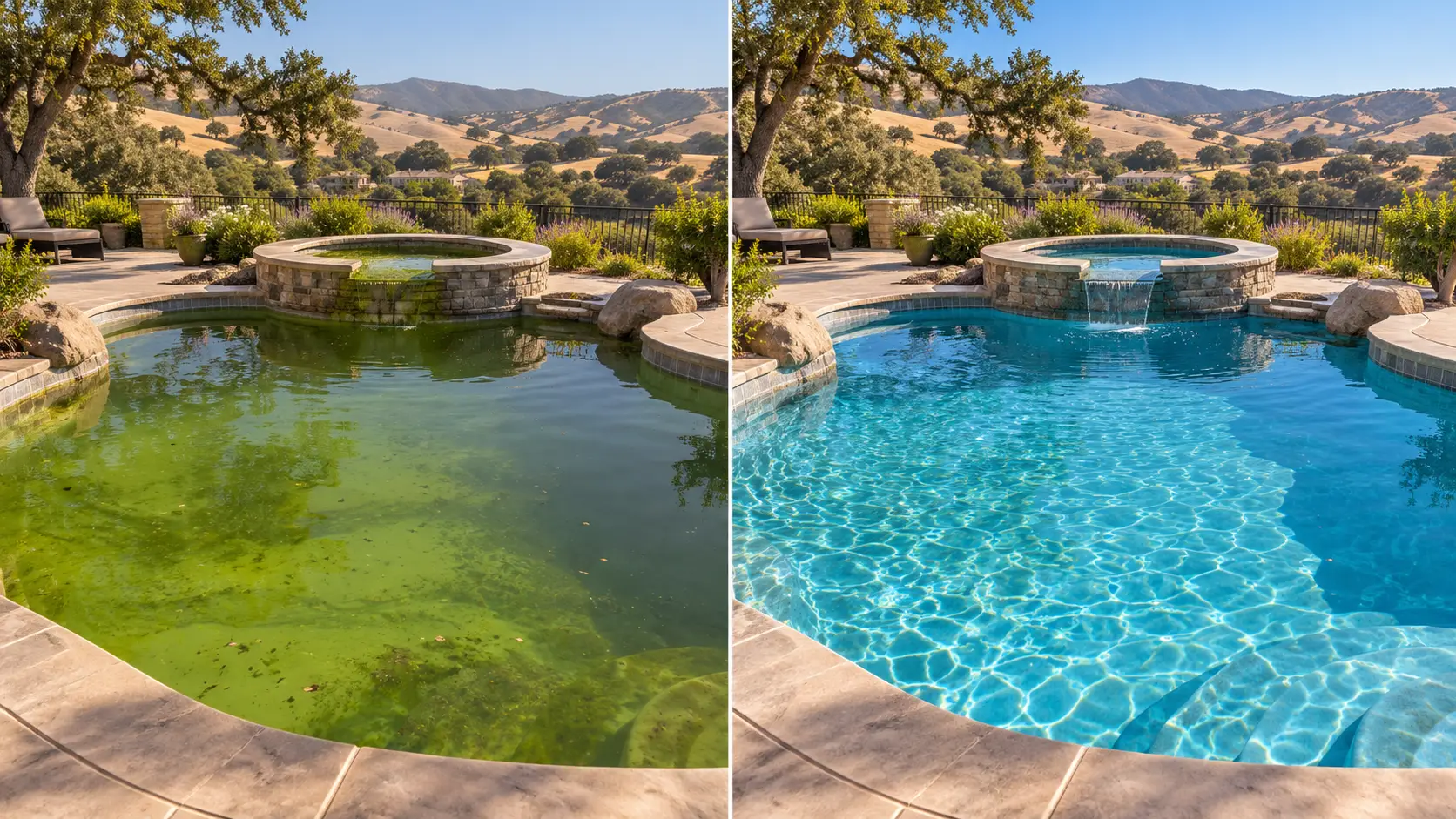 Green pool before and after a green-to-clean treatment