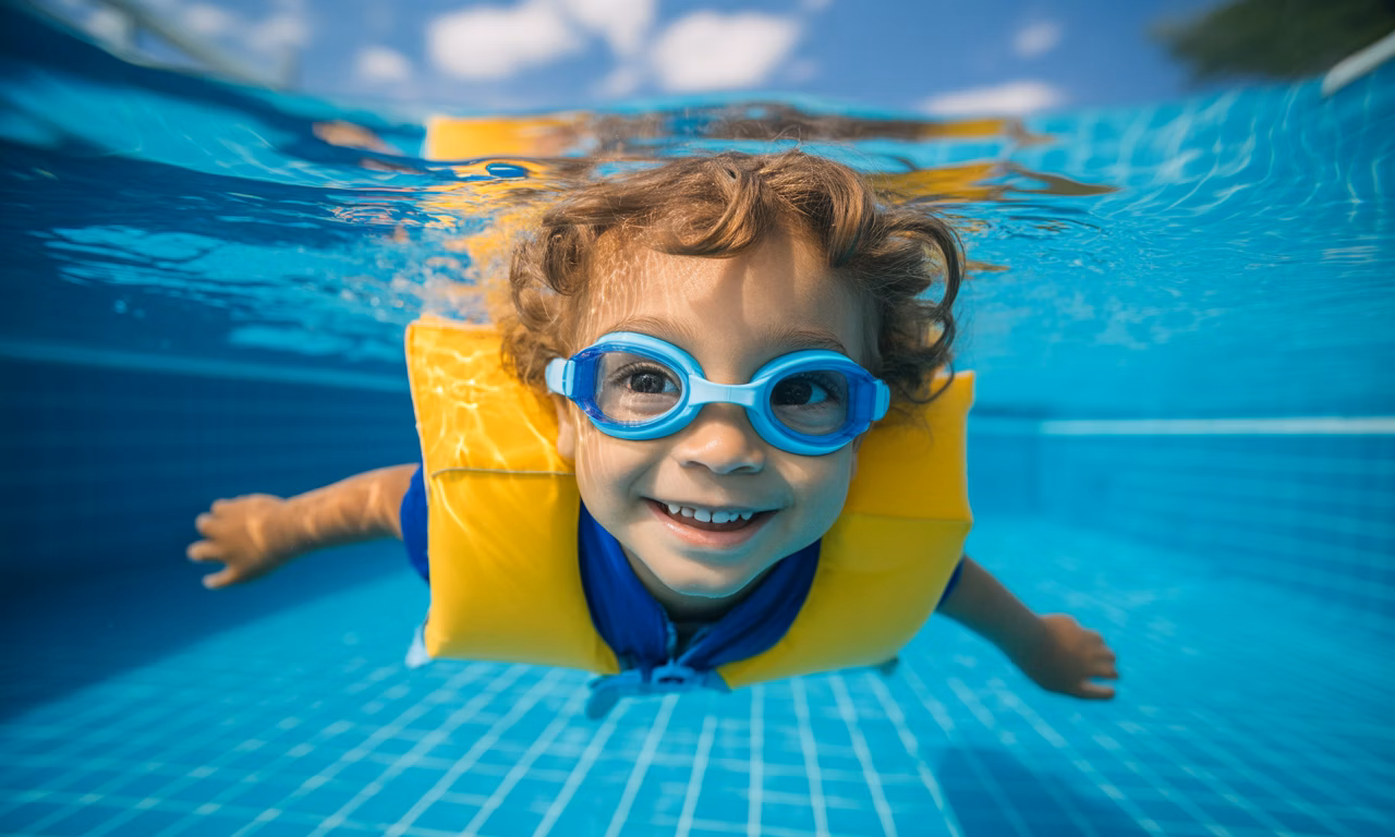 Smiling child swimming underwater with goggles and arm floaties