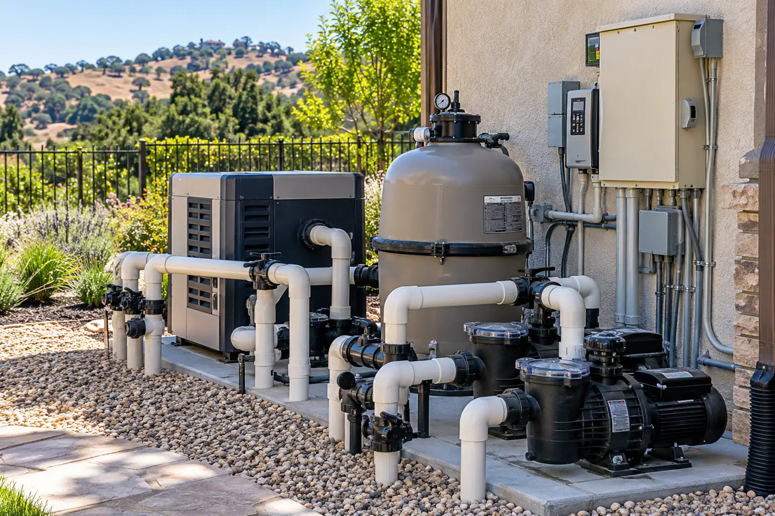Pool pump, sand filter and heater on an equipment pad