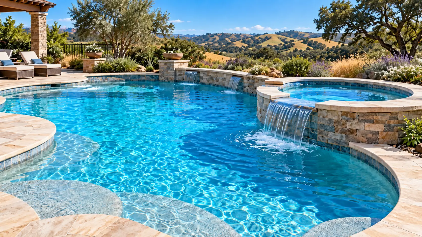 Freeform pool with spa spillover and hillside views